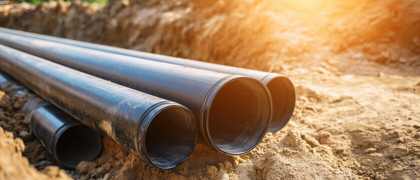 Plastic pipes laid in trench for underground utilities, pipeline installation, construction site infrastructure, water supply or drainage system with sunlight. Horizontal banner