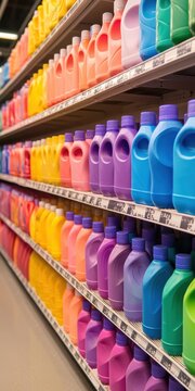 Vibrant colorful liquid detergents displayed in supermarket aisle product showcase shopping environment eye-level view