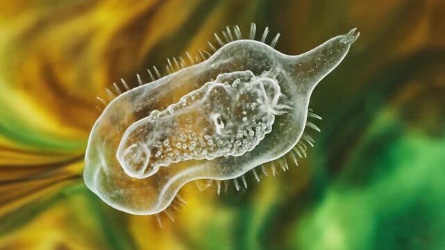 Microscopic organism drifts through fluid, undulating