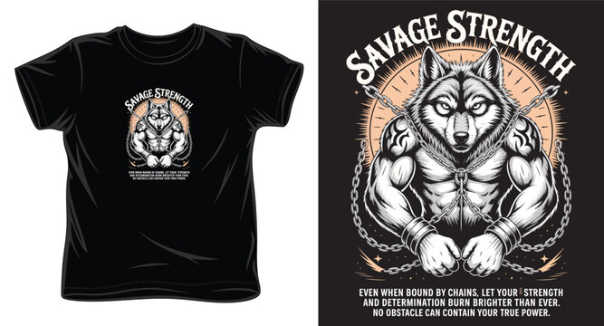 Savage strength wolf t-shirt design with chains and inspirational quote for bodybuilding.