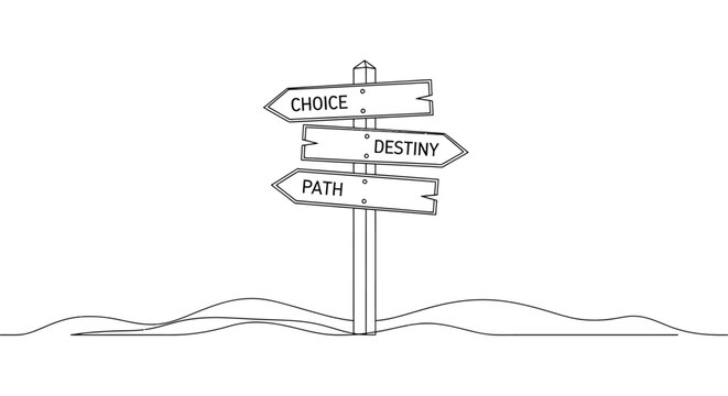 Signpost with choice destiny path continuous line drawing life direction concept