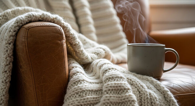 Dog resting on cozy knit blanket with coffee mug on couch
