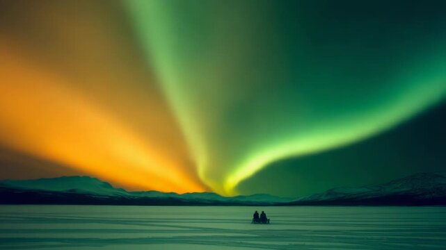A stunning aurora borealis illuminates the night sky over a frozen landscape. Two people witness the vibrant, dancing lights in a serene, cold environment.