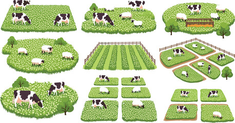 Fototapeta premium Farm Cow Sheep Grazing Green Clover Field Pasture Fence Tree Isometric Vector Illustration Set