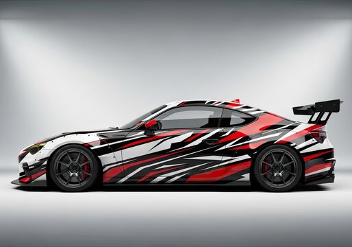 Sports car with red and black racing livery in studio