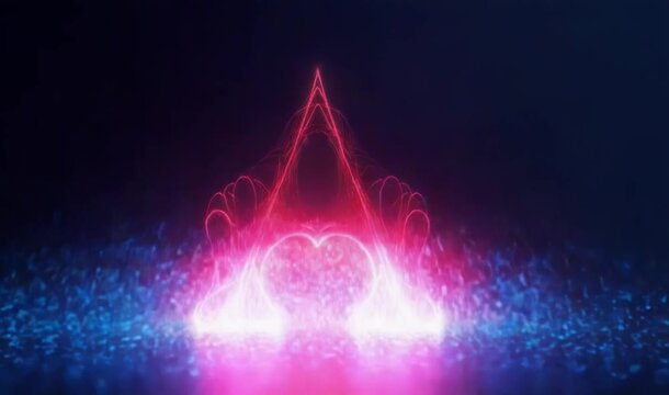 Vibrant neon light forms an abstract glowing symbol. Dynamic particles and pulsating colors create an energetic display.