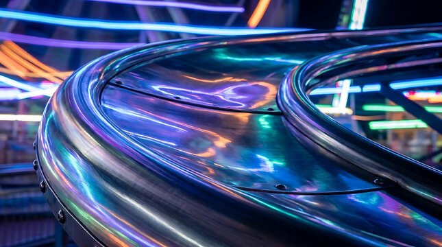 A Close-Up View of Gleaming Steel Rollercoaster Tracks Reflecting Vibrant Neon Lights at Night