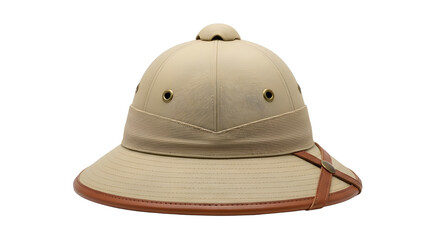 Fototapeta premium Vintage pith helmet for safari adventures, classic tan sun hat with leather trim, traditional explorer headwear isolated on white background