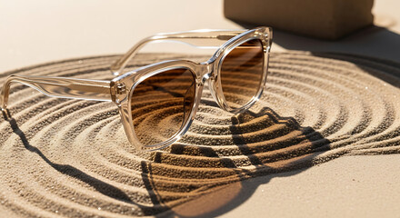 Round sunglasses resting on striped towel at beach during summer