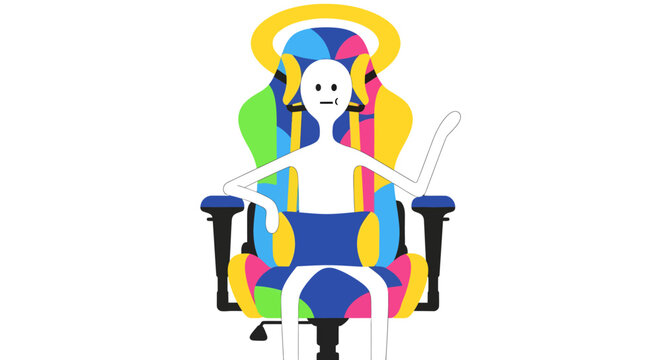 Digital master in a colorful gaming chair with a halo, a quirky illustration symbolizing online comfort and gaming supremacy.