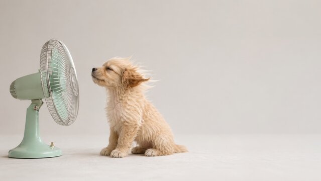 Fluffy puppy facing mint green retro fan with fur blowing