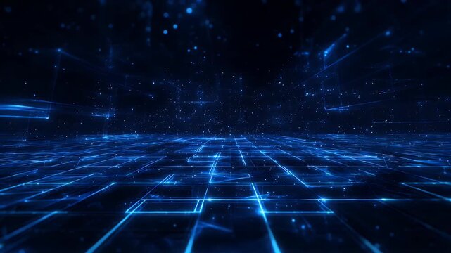 Blue digital grid floor moving forward in infinite cyberspace with glowing particles scattered in dark background for high tech visualization of data streaming and futuristic networking environment.