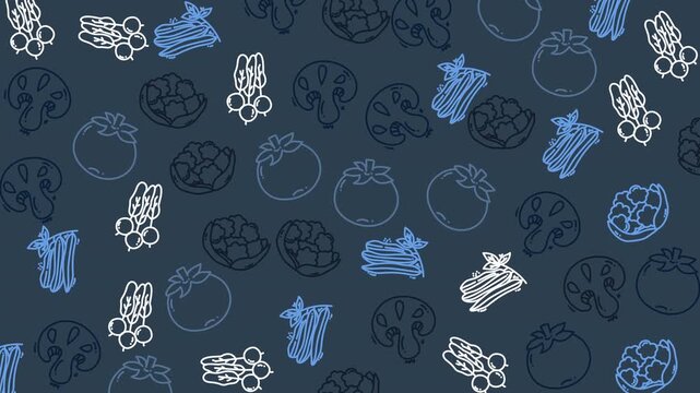 Dark blue background with white and light blue food outlines. Tomatoes, mushrooms, and pasta shapes appear scattered. Stylized sketches suggest freshness and simplicity