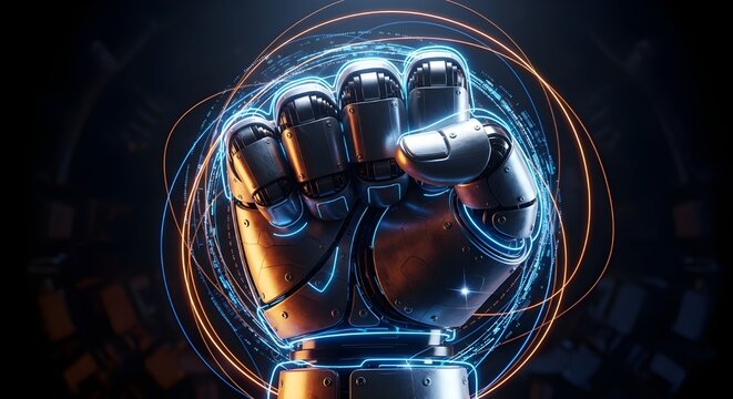 A robotic fist illustration symbolizing strength, solidarity, and technological revolution.