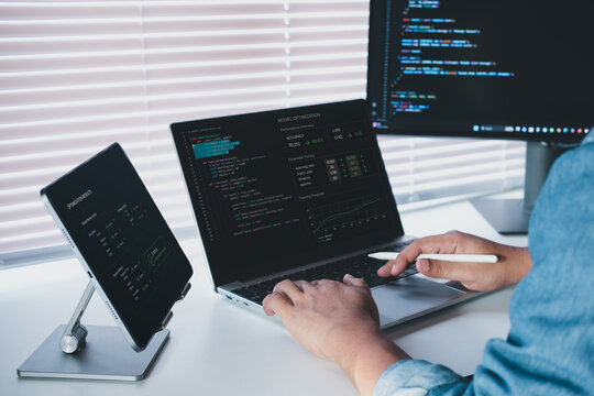 AI model optimization process on laptop, performance improvement metrics and parameter tuning in modern workspace, developer adjusting machine learning system, analytics dashboard, real time results