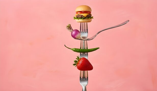 Forks with Ginger, Turnip, Green Chili and Strawberry on Pink Background