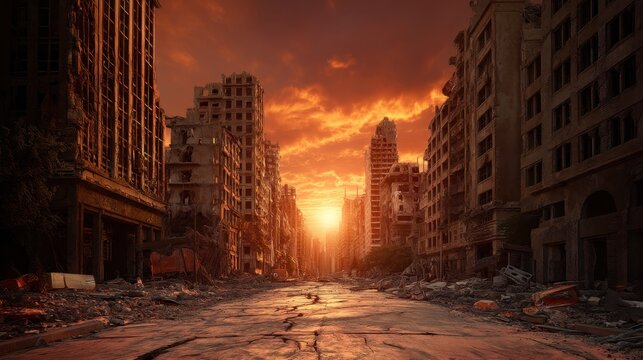 Ruined city street with destroyed buildings at sunset. Post-apocalyptic urban landscape concept. Desolate town after global disaster, war, or catastrophe. Broken architecture and debris.