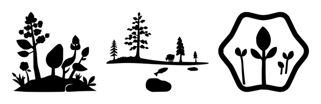 Natural resource management icon set with bold black silhouette on white background featuring conservation, sustainability, environment with simplicity and graphic style
