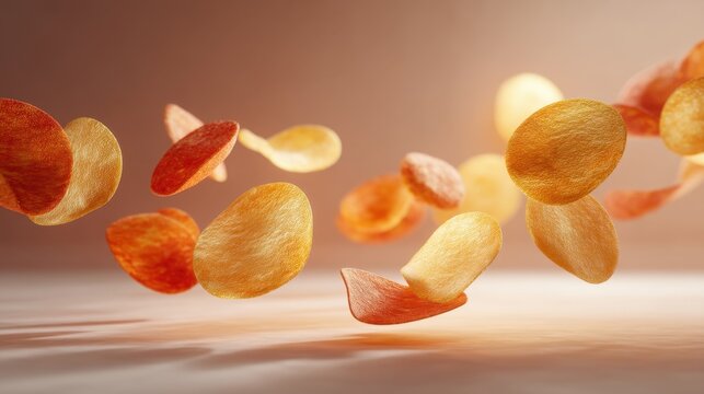 Potato chips levitating in air on brown background. Crispy savory snacks flying in motion. Advertising concept for fast food, party appetizer or salty snack product package design.