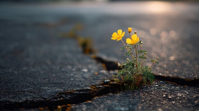 Yellow flower growing through crack in asphalt. Symbol of hope and resilience in difficult environment. Concept of growth and determination against all odds in urban landscape.