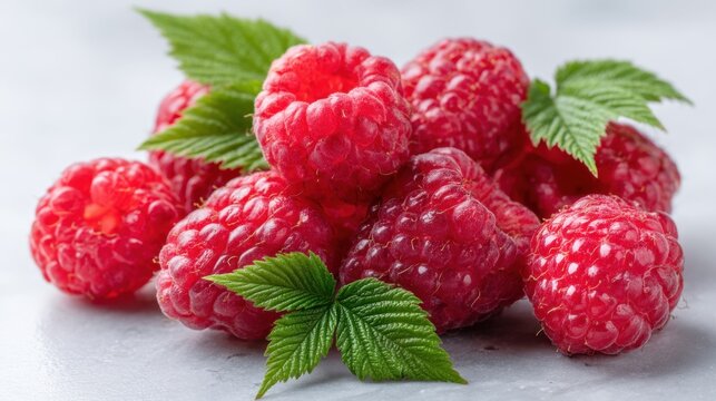 Fresh raspberries with green leaves on light background. Organic berry harvest. Healthy natural food ingredient for dessert recipes, fruit salads and culinary preparation concept.