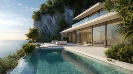 Obraz premium Luxury modern mansion with infinity pool overlooking ocean cliffside. Contemporary architectural villa exterior with terrace and sea view. High end vacation home and travel destination.