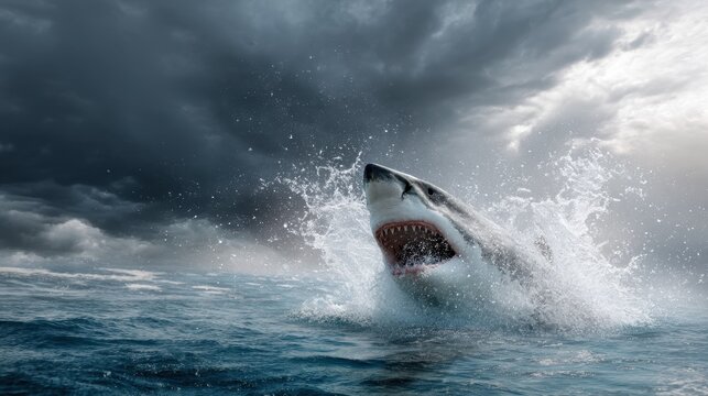 Great white shark jumping out of dark ocean water. Wild predator hunting in storm weather. Danger and marine biology concept. Powerful sea animal breaching surface with splash.