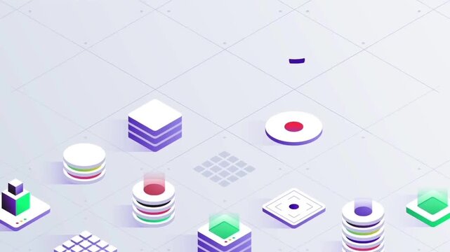 Isometric Grid of Digital Technology Icons and Data Infrastructure 2D Animation