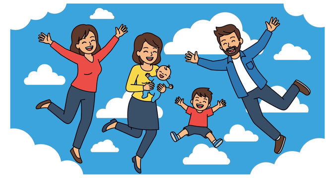 Happy family jumping and waving on transparent background