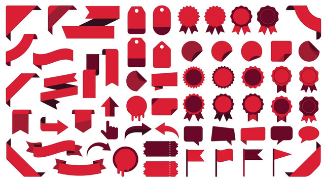 Red promo sticker set, sale or discount sticker, tag and price labels, starburst promotional badge shopping labels, coupon sale banners, adhesive offer stickers