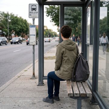 Back view of short hair sitting at bus stop waiting
