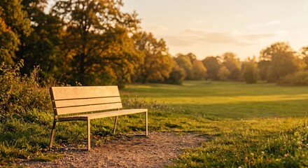 Naklejka premium Wooden Park Bench in a Sunlit Meadow at Golden Hour
