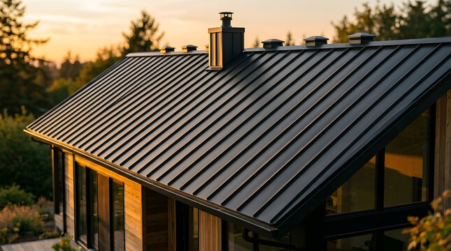 Modern standing seam metal roof on luxury residential home | Sustainable building materials in contemporary architecture | House exterior with black metal roofing and chimney at sunset