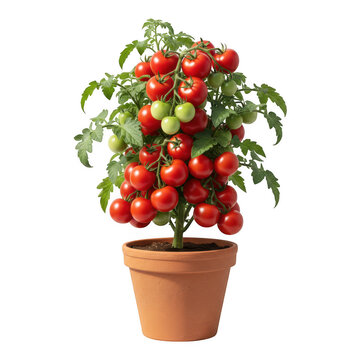Potted tomato plant with red and green tomatoes isolated on a transparent background