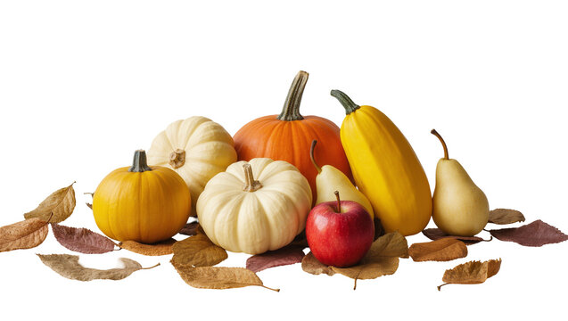 Assorted pumpkins squash pear, and red apple with autumn leaves