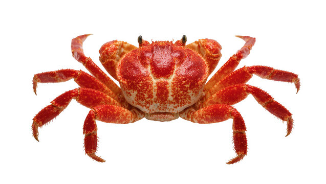 Red speckled crab with extended legs and claws facing forward
