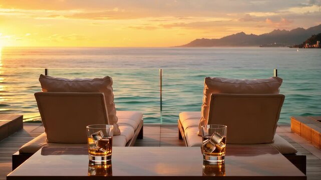 Enjoying sunset views with drinks by the ocean while relaxing on lounge chairs in a coastal setting