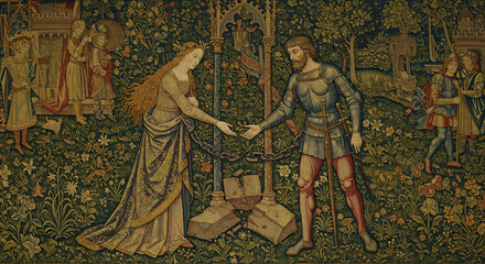 Obraz premium Medieval Encounter A Lady and Knight in a Forest Tapestry.