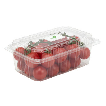 Red cherry tomatoes in a clear plastic clamshell container isolated on a transparent background