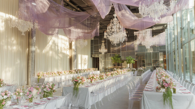 Luxurious wedding reception venue with floral table arrangements, chandeliers, and soft natural lighting.