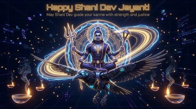 Divine shani dev riding black crow holding trident and mace surrounded by cosmic nebula and glowing