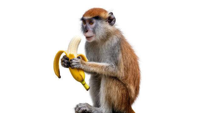 Red-headed monkey holding peeled yellow banana