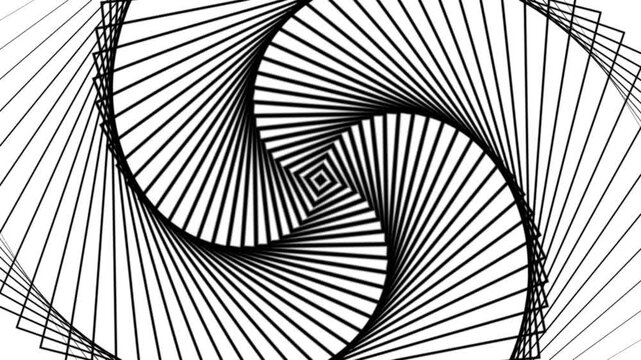 Hypnotic square spiral motion background: black and white geometric optical illusion animation abstract