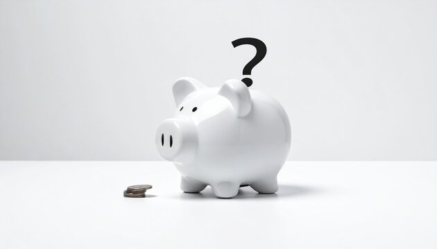 White ceramic piggy bank with black question mark and small stack of coins on white background, financial uncertainty concept, piggy bank, savings, money.