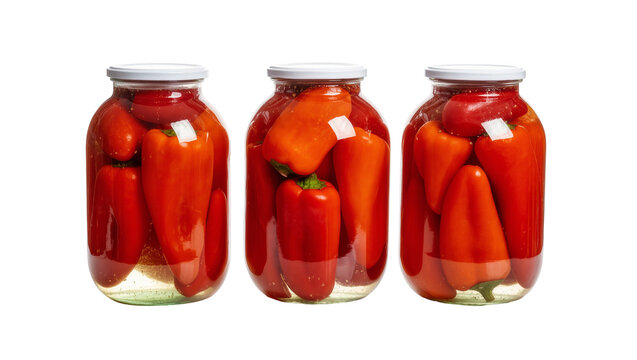 Pickled red bell peppers in glass jars with silver lids