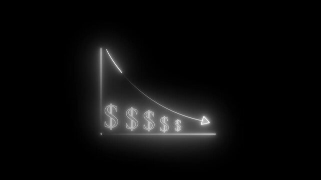 Neon financial chart showing market downturn and declining dollar value on black background, decline recession