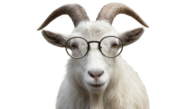 White Goat Wearing Round Eyeglasses with Curved Horns