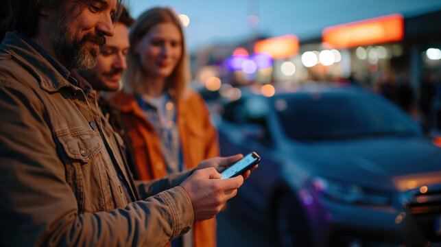 Designated driver sharing rideshare booking with friends near parked car at dusk