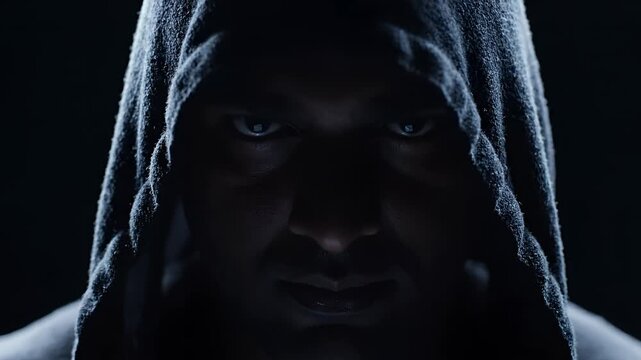 Mysterious hooded figure with intense gaze in dark setting.