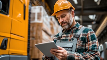 Obraz premium Delivery coordinator using tablet to track shipments in real-time